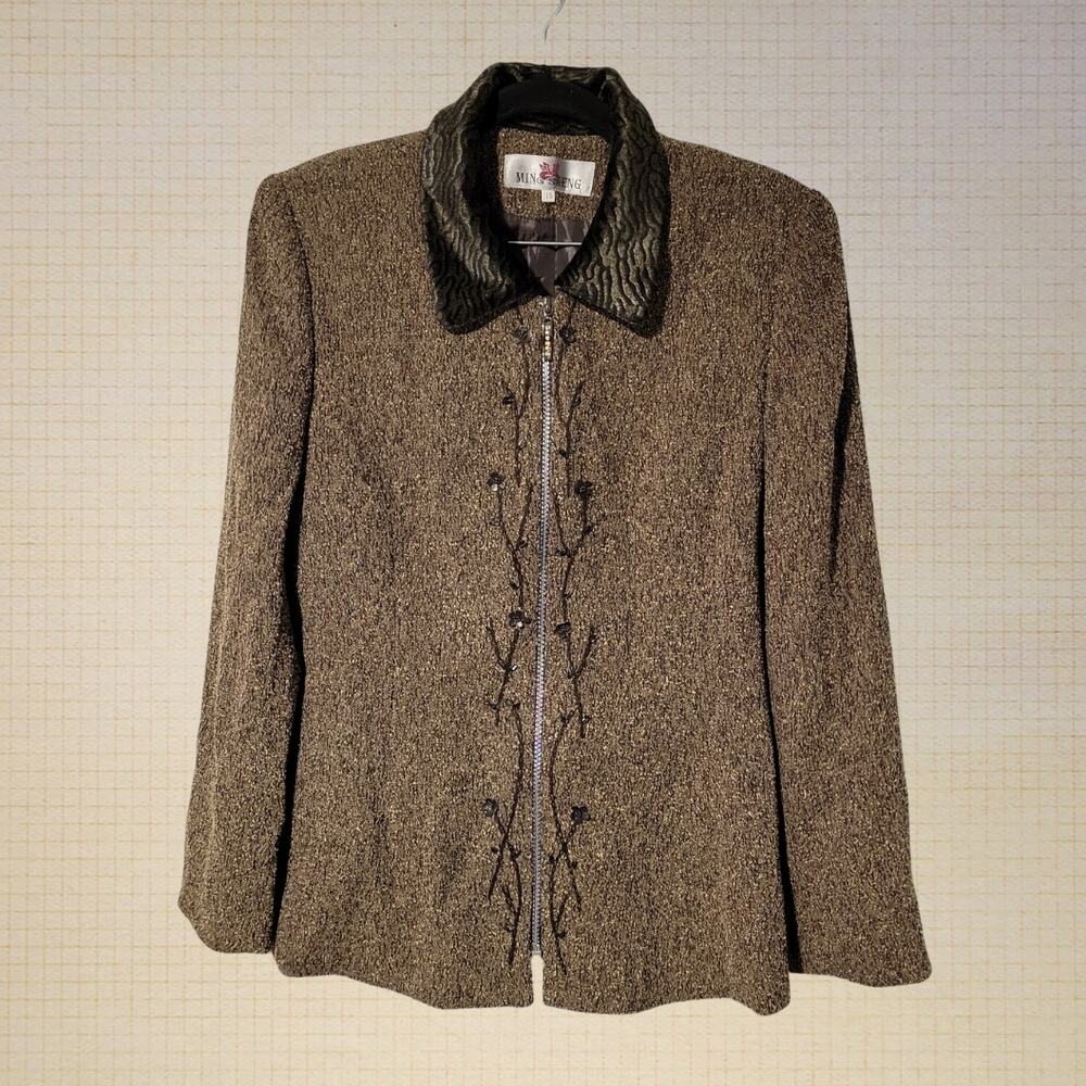90s Formal Embroidered Zip Blazer Jacket Velvet Fox Fur Collar Small Mingsheng